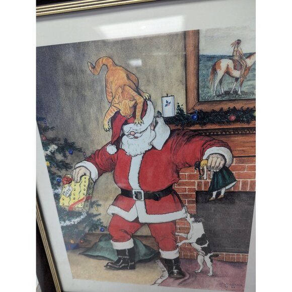 Jane McClure Jane's Prints Santa Claus Attacked by Cat Dog Framed Print - Picture 2 of 3